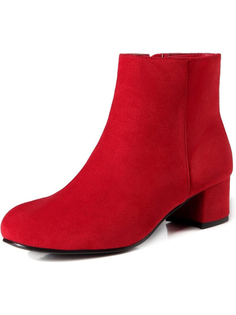 Women's Red Faux Suede Side Zip Chunky Low Block Heel Short Ankle Booties